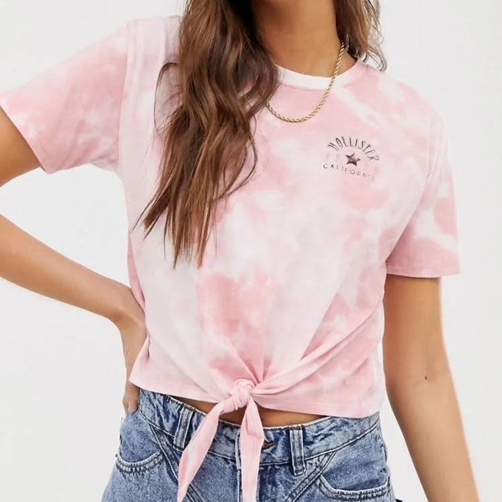 Hollister Women’s Tie Front Pink Tie Dye T-Shirt Size Small